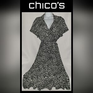 Chico's Black White Geometric Jersey Travel Knit Faux Wrap Dress 3 L XL